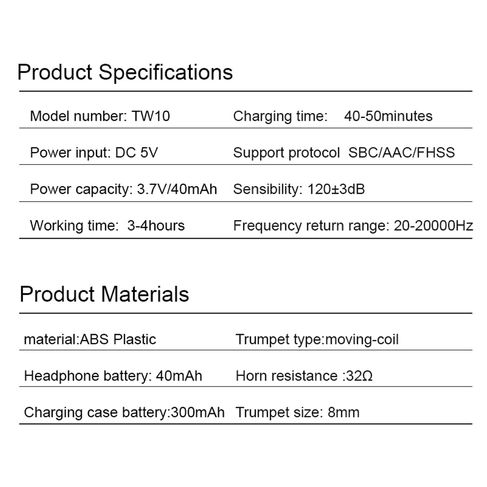 TW10 Wireless TWS Earphone Bluetooth Headset For iOS Android