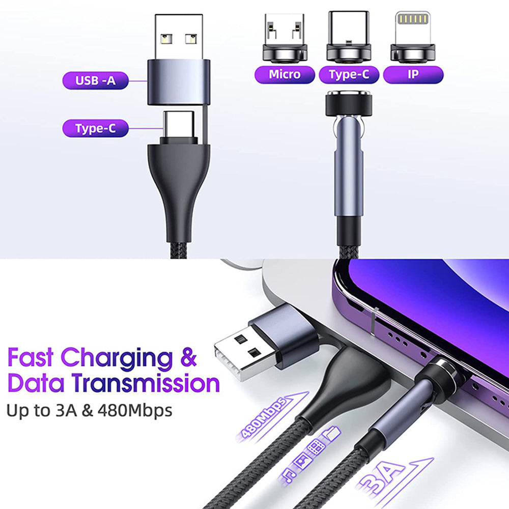 540 Rotate Magnetic Cable 3A Fast Charging USBA TYPE-C TO TYPE-C MICRO IP