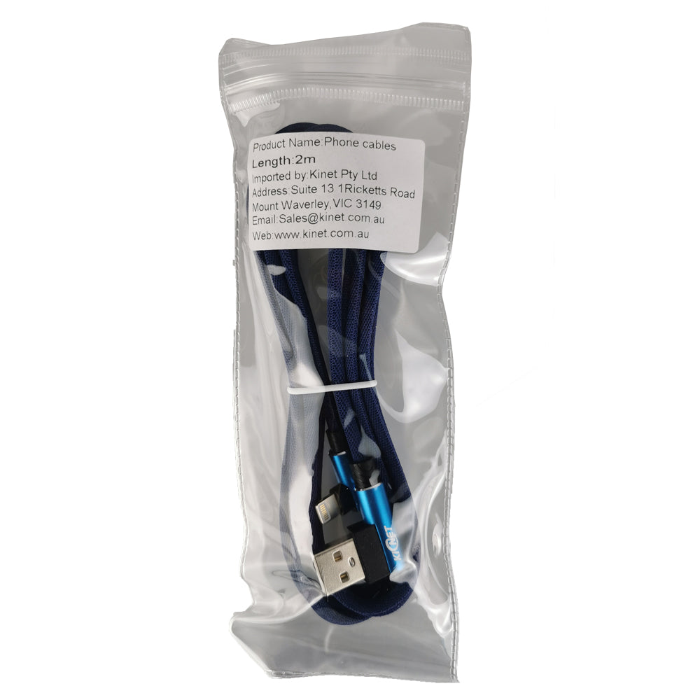USB Double Elbow Cotton Linen Blue Charging Cable For iphone ipad