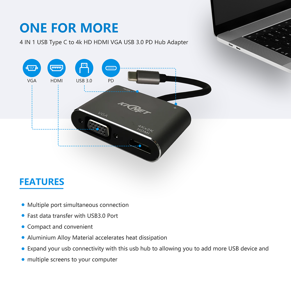 4 IN 1 USB Type C to 4k HD HDMI VGA USB 3.0 PD Hub Adapter