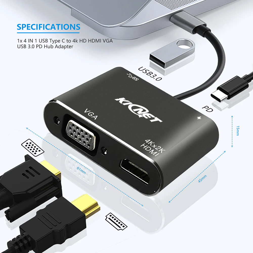 4 IN 1 USB Type C to 4k HD HDMI VGA USB 3.0 PD Hub Adapter