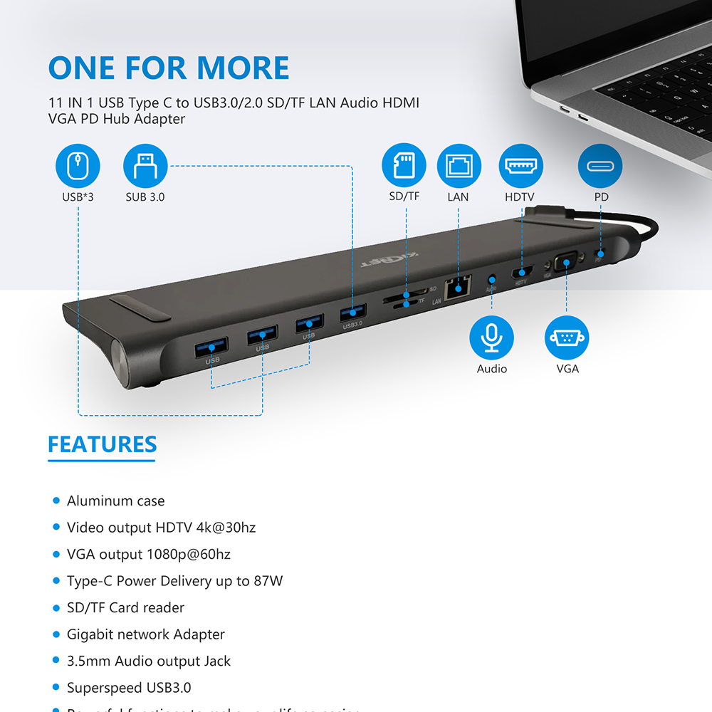 11 IN 1 USB Type C to USB3.0/2.0 SD/TF LAN Audio HDMI VGA PD Hub Adapter