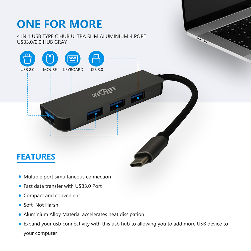4 IN 1 USB Type C Hub Ultra Slim Aluminium 4 Port USB3.0/2.0 Hub Gray