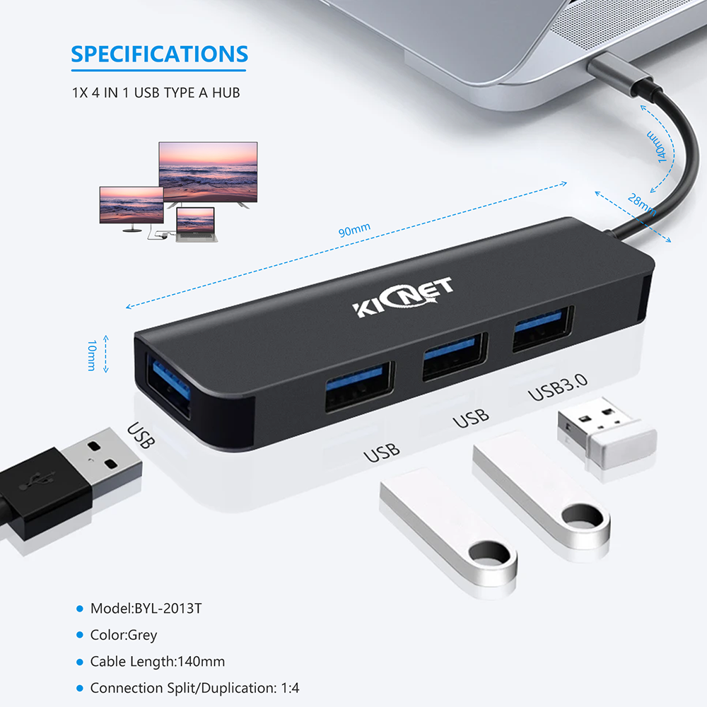 4 IN 1 USB Type C Hub Ultra Slim Aluminium 4 Port USB3.0/2.0 Hub Gray