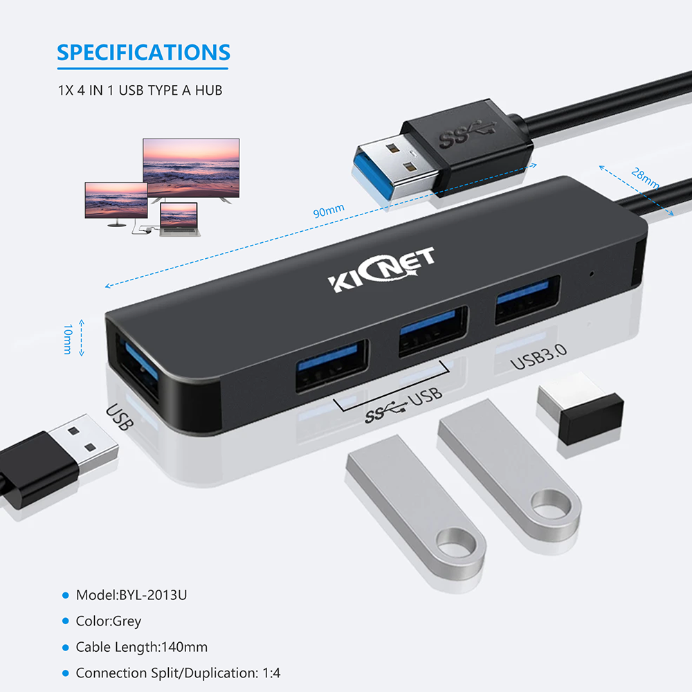 4 IN 1 USB Type A Hub Ultra Slim Aluminium 4 Port USB3.0/2.0 Hub Gray