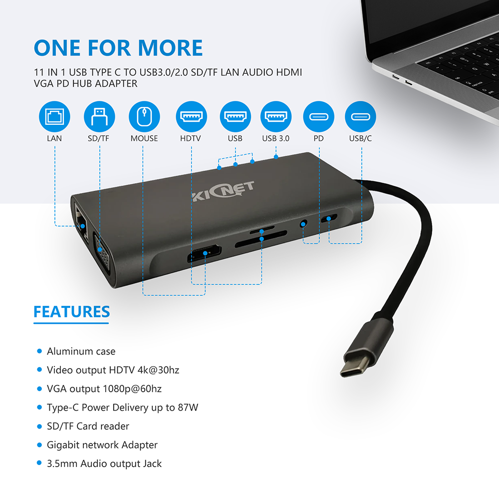 11 IN 1 USB Type C to USB3.0/2.0 SD/TF LAN Audio HDMI VGA PD Hub Adapter