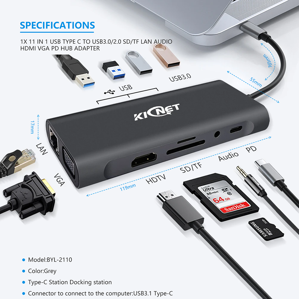 11 IN 1 USB Type C to USB3.0/2.0 SD/TF LAN Audio HDMI VGA PD Hub Adapter