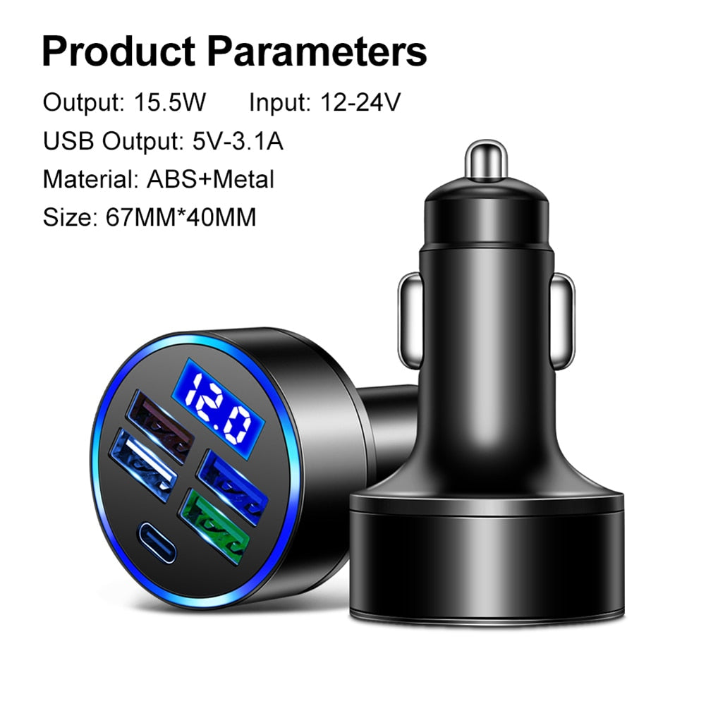 Fast Charger 15.5W 4USB+PD Type-C Car Charger Adapter Electronics Accessories