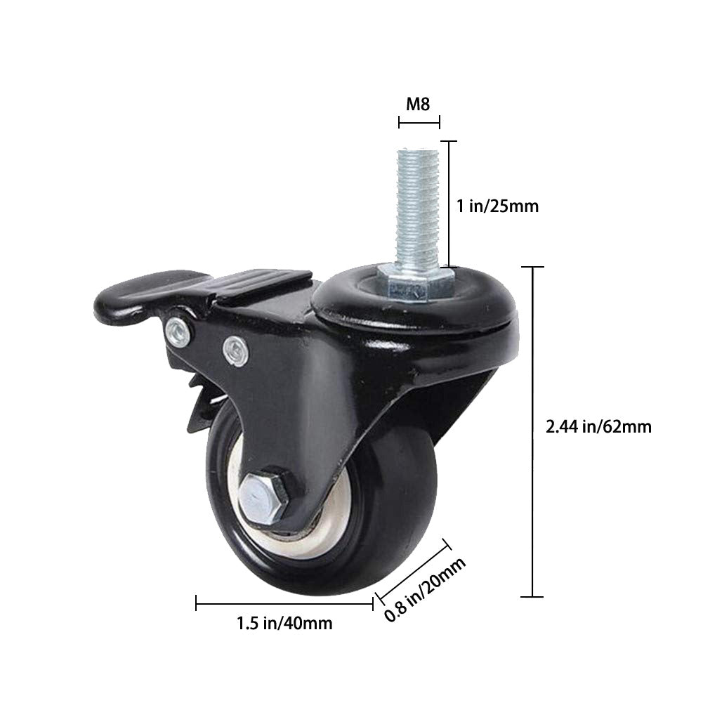 4 pcs 1.5" Heavy Duty Swivel Caster Wheels M8 Threaded Stem Brake Swivel Wheels