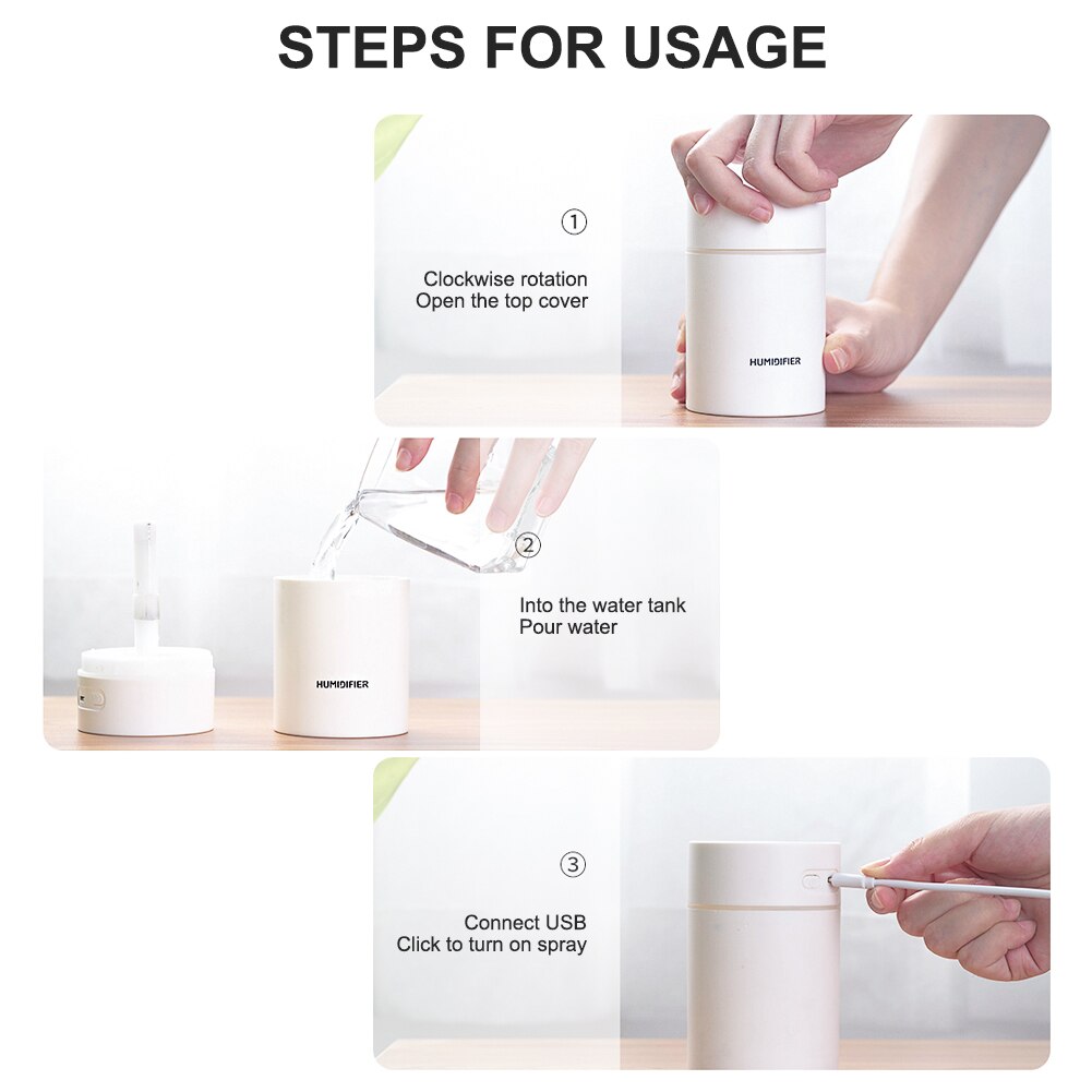 300ml USB Mini Humidifier Desktop Misting Aroma Diffuser with Night Light Auto Power Off Air Humidifier Car Interior Accessories