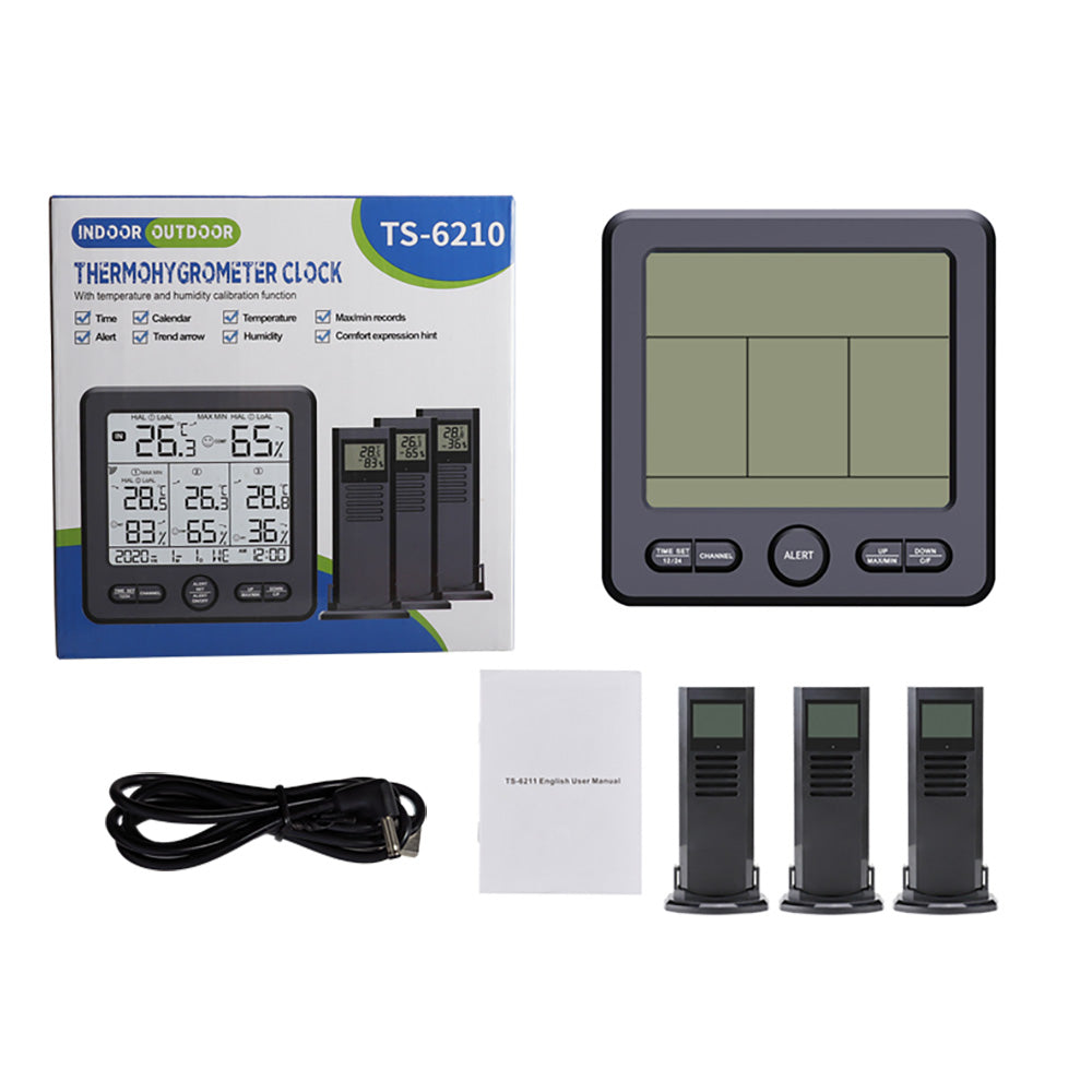 TS-6210 Multifunctional Wireless Thermometer Hygrometer Alert Clock Calendar