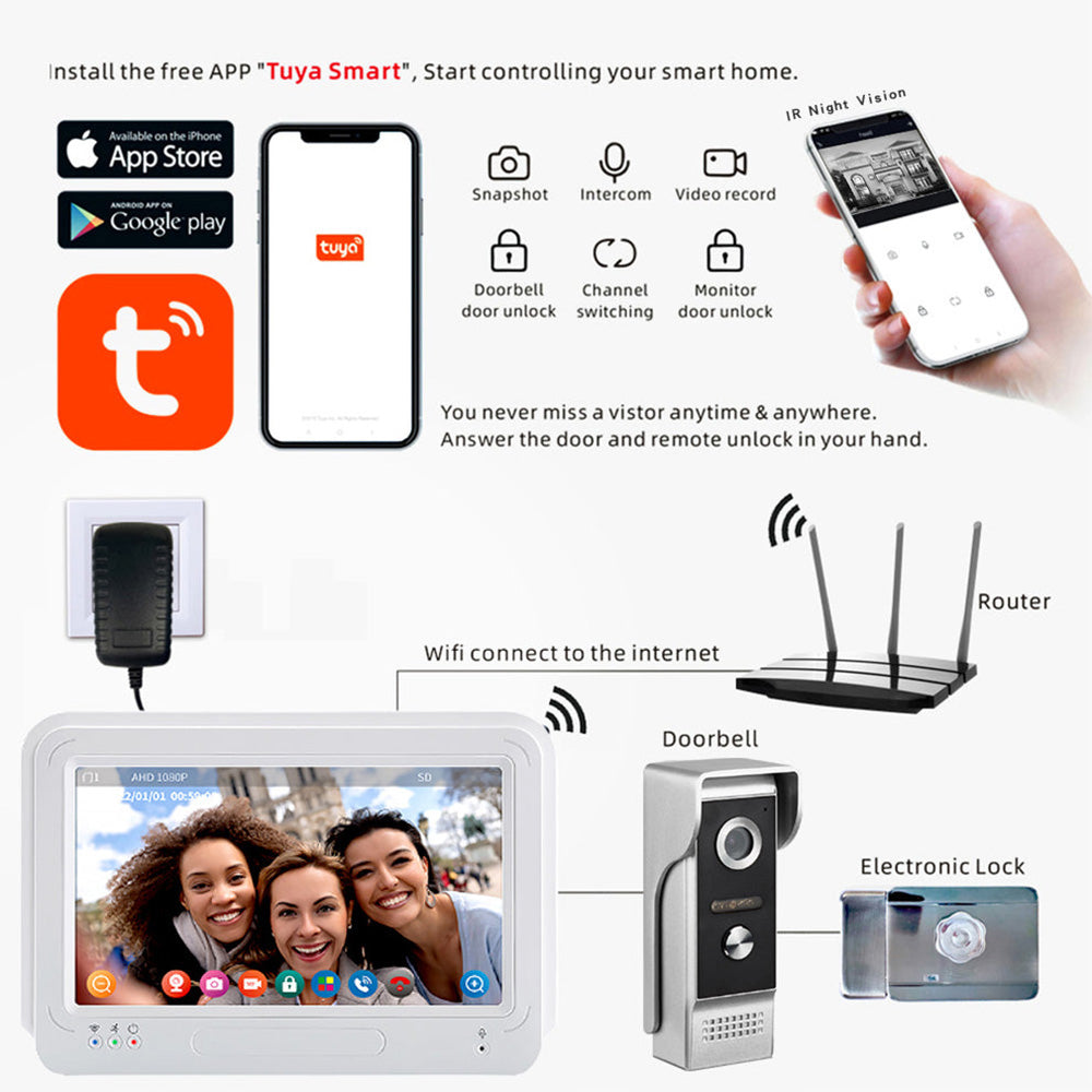 Smart WiFi Video Intercom 7 inch Touch Screen 1080P Waterproof Doorbell Camera