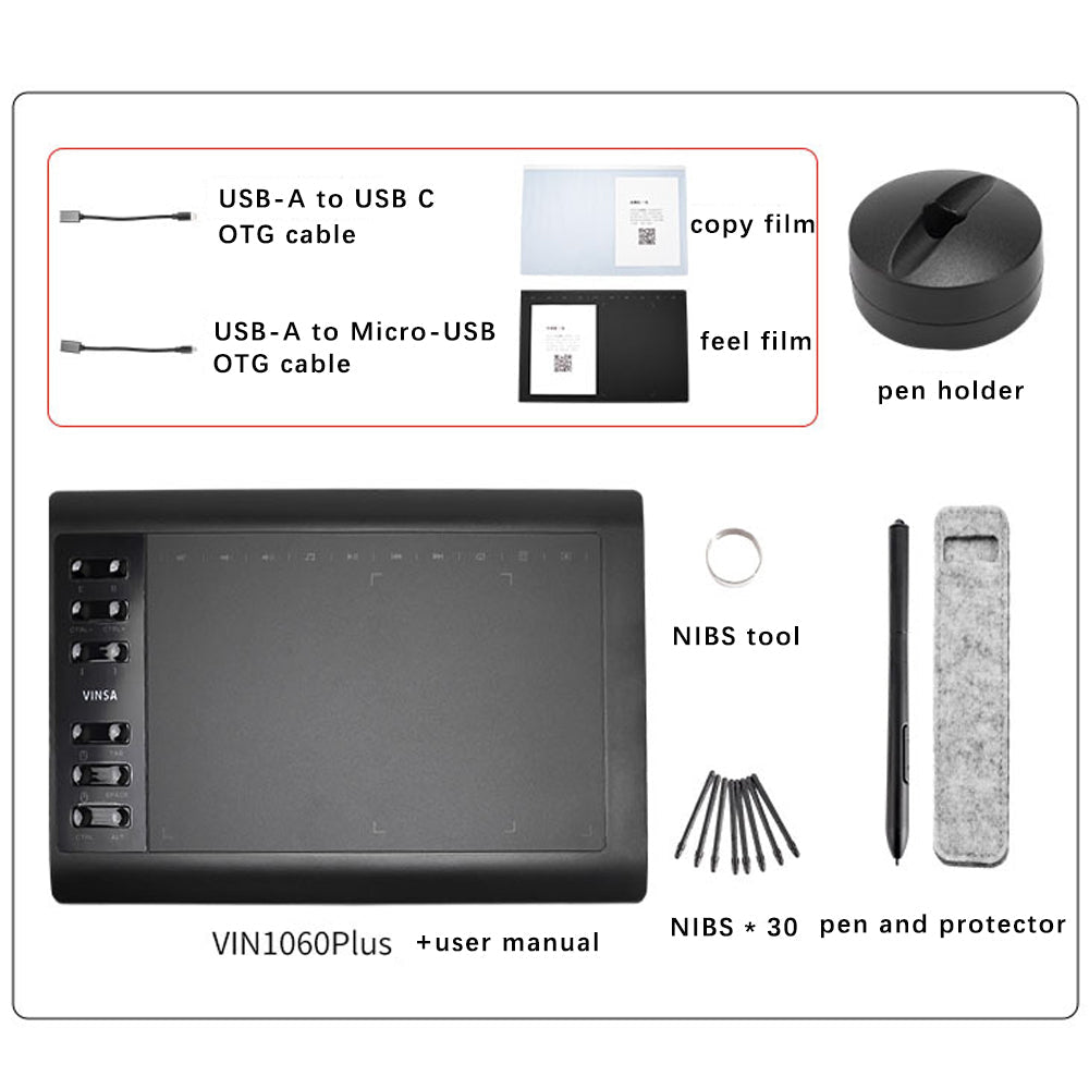 VIN1060PLUS 10x6 inch Digital Drawing Tablet 8192 Pressure Sensitivity Tablet Battery-Free Pen Hand Painted Tablet