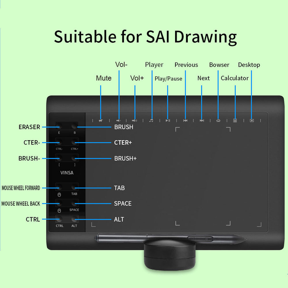 VIN1060PLUS 10x6 inch Digital Drawing Tablet 8192 Pressure Sensitivity Tablet Battery-Free Pen Hand Painted Tablet