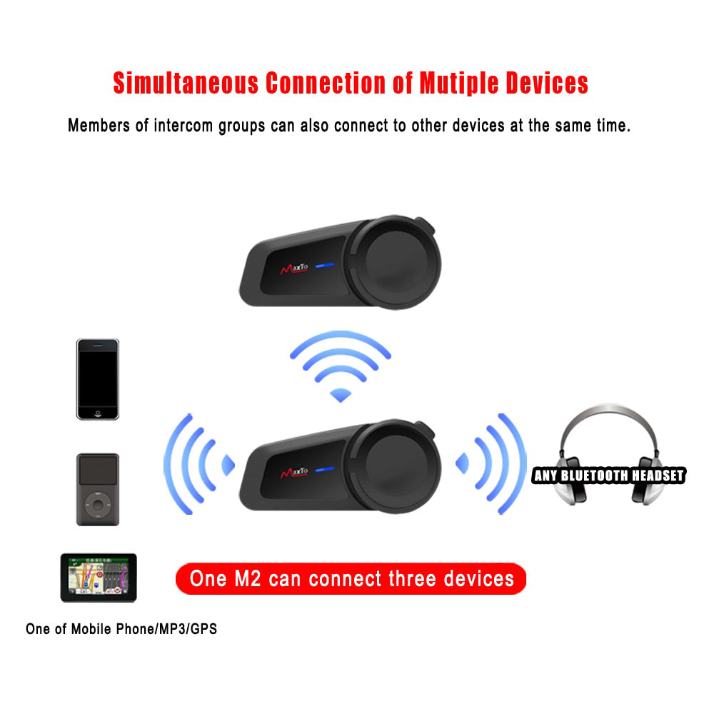 MAXTO M2 1000M Motorcycle Interphone Helmet Bluetooth Headset Moto Wireless Intercom for 6 Riders Talking FM Radio Waterproof